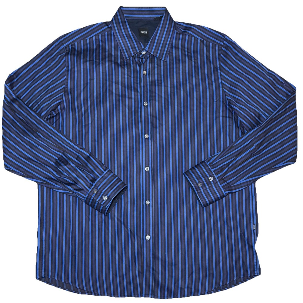 BOSS Hugo Boss Blue Striped Reg Fit Button Down Shirt Mens XL